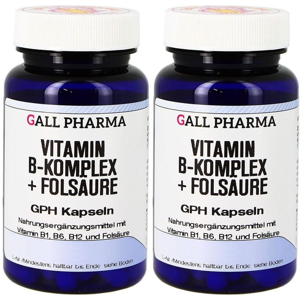 Zwei Flaschen mit Vitamin B Komplex + Folsäure Kapseln. Blaue Flaschen mit weißem Deckel und Etikett. Aufschrift: GALL PHARMA, Vitamin B-Komplex + Folsäure.