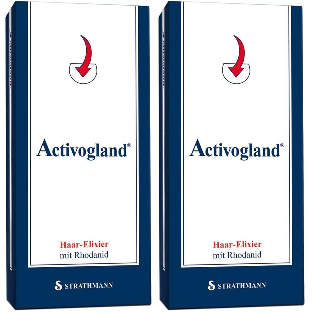 Zwei Packungen Activogland Haar-Elixier. Weiße Vorderseite mit rotem Pfeil-Symbol und Produktnamen. Untertitel: Haar-Elixier mit Rhodanid. Logo: Strathmann.
