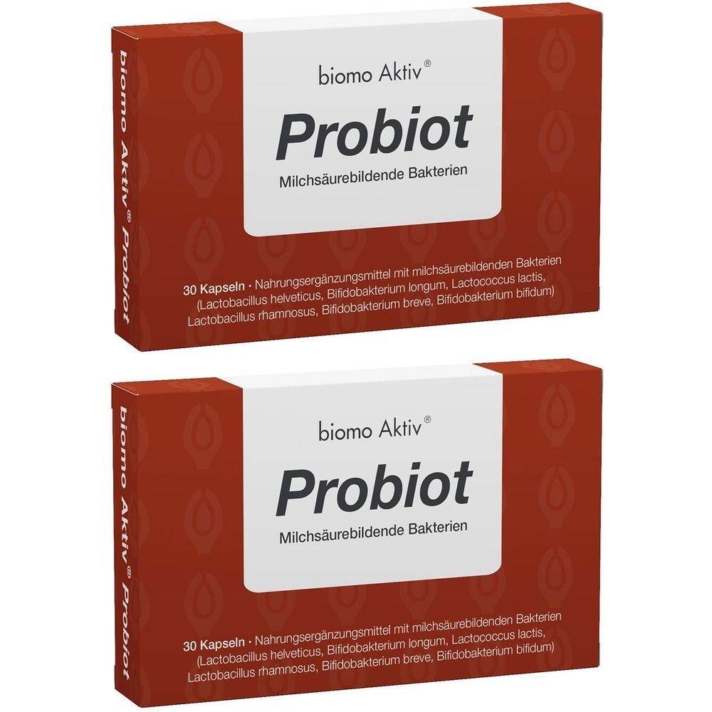Zwei Packungen biomo Aktiv Probiot. Braune Schachteln mit weißem Feld und Produktnamen. Enthält Milchsäurebakterien.