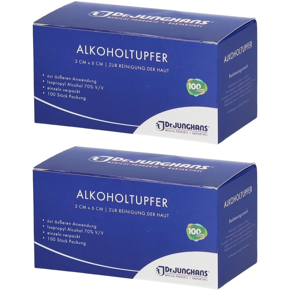 Zwei blaue Kartons mit "ALKOHOLTUPFER" Aufschrift. Größe 3 x 6 cm. Marke: Dr. Junghans. 100 Stück Packung. Isopropylalkohol 70% V/V.