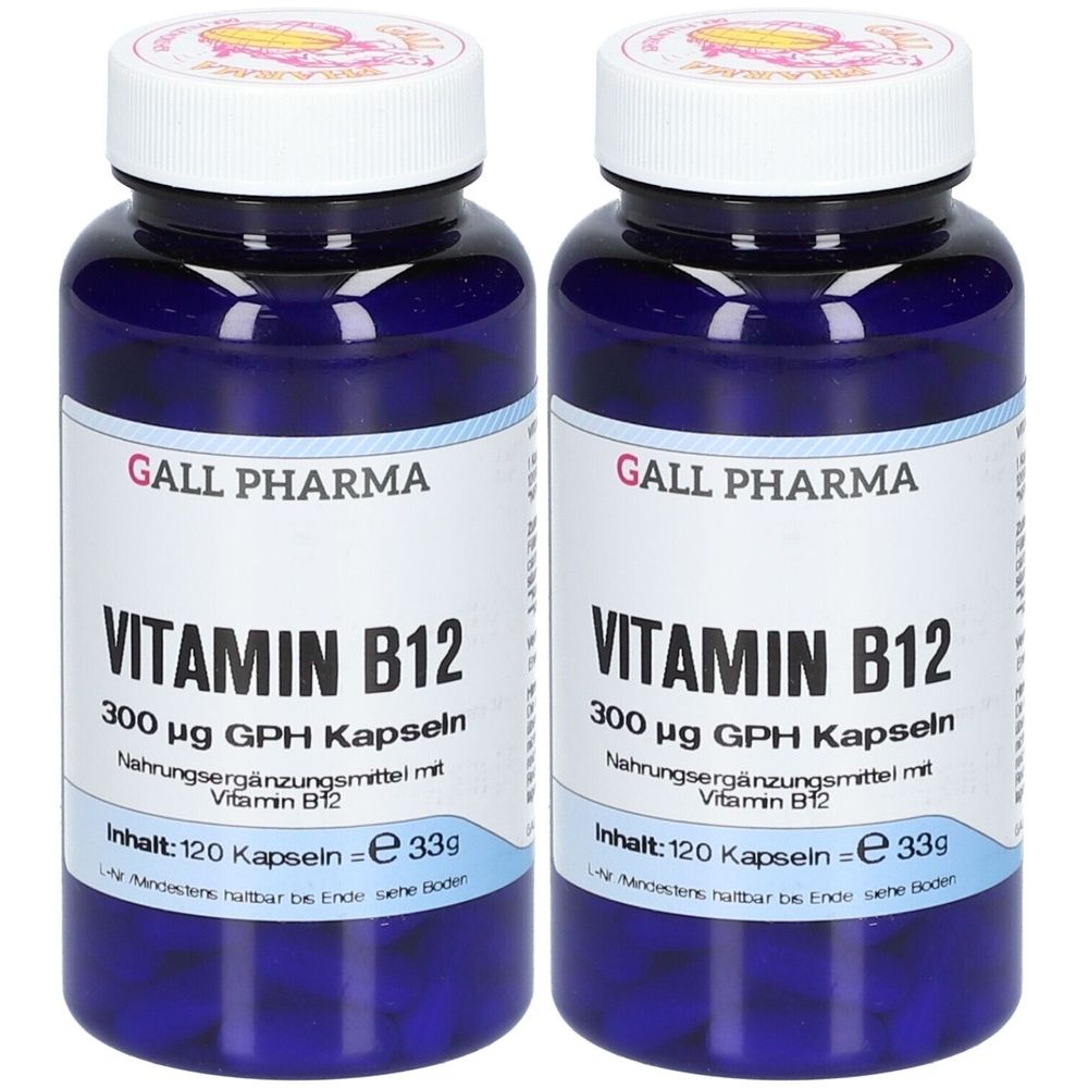 Zwei Flaschen mit Vitamin B12 Kapseln. Blaue Flaschen mit weißem Deckel und Etikett. Aufschrift: GALL PHARMA, Vitamin B12, 300 µg.