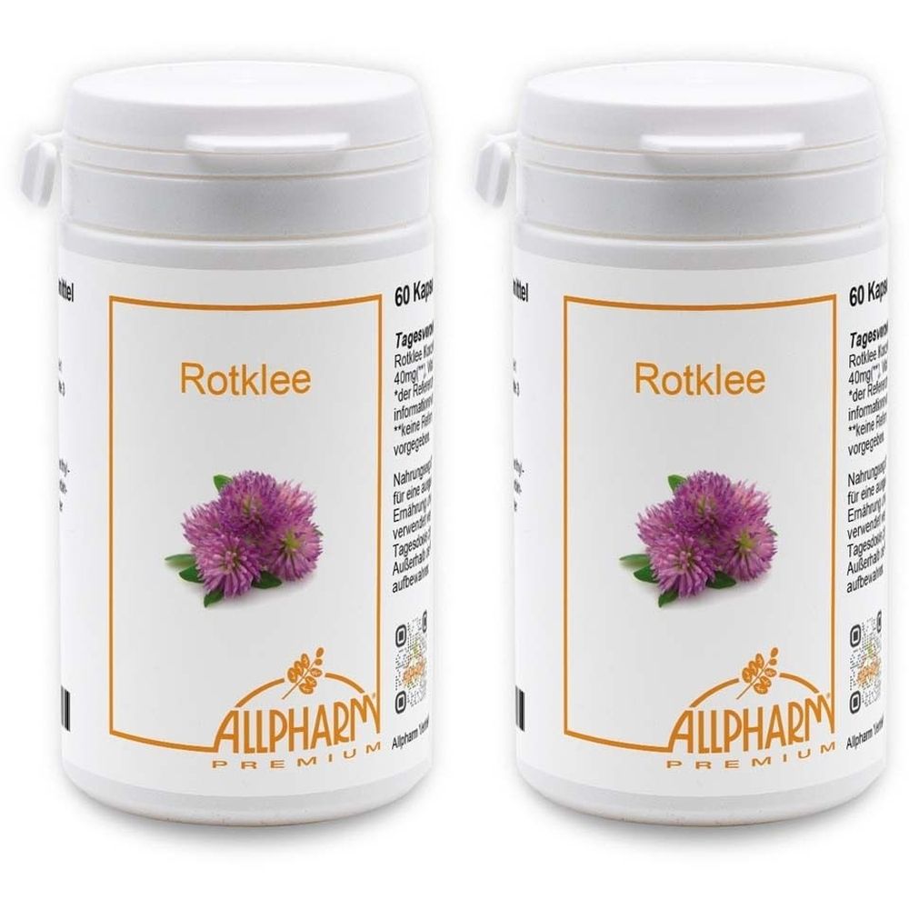 Zwei weiße Pillendosen mit Deckel. Aufschrift "Rotklee" und Abbildung einer Blüte. Marke: ALLPHARM PREMIUM.