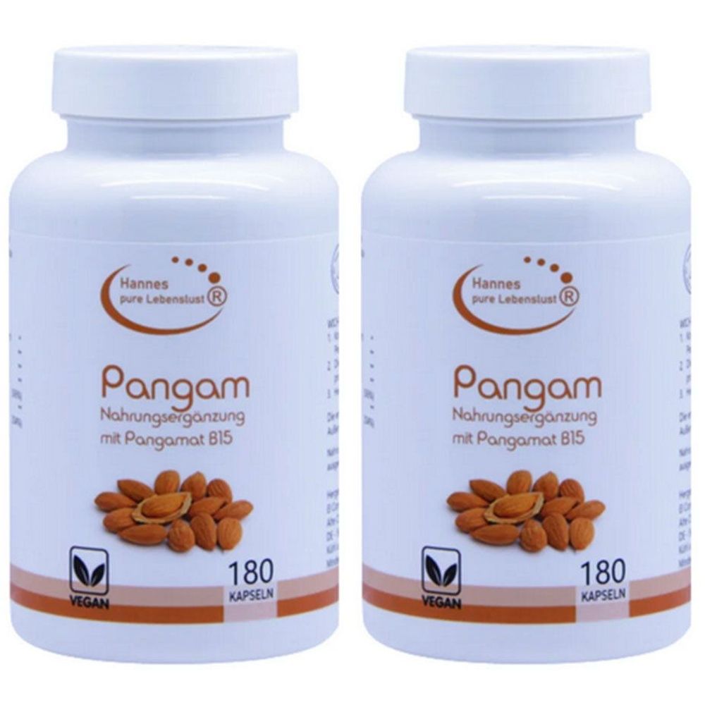 Zwei weiße Flaschen mit dem Produktnamen Pangam. Aufschrift: Nahrungsergänzung mit Pangamat B15. Vegan-Siegel und 180 Kapseln.