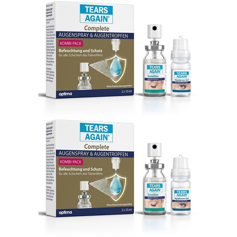 Zwei Packungen TEARS AGAIN® Complete. Eine Schachtel und zwei Flaschen. Aufschrift: Augenspray & Augentropfen. Kombi-Pack.