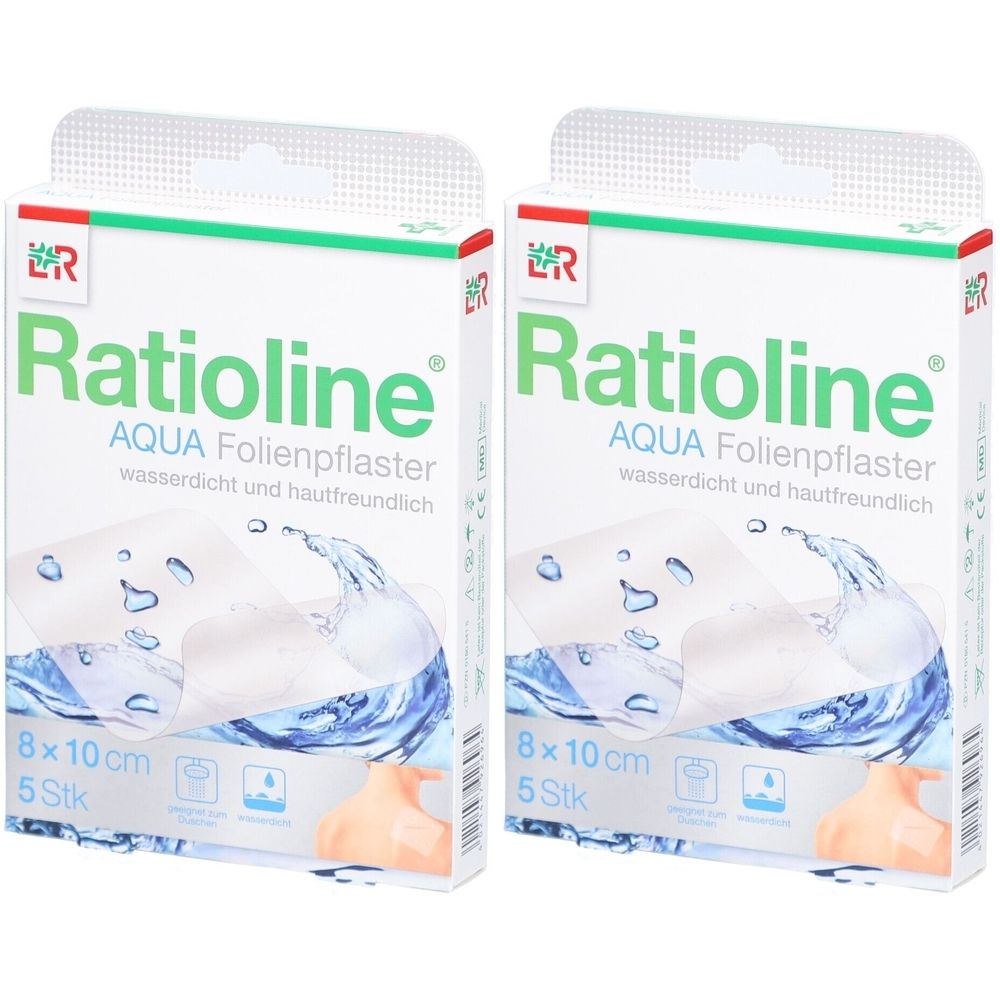 Zwei Packungen Ratioline Aqua Folienpflaster. Jede Packung enthält 5 Stück, 8 x 10 cm. Wasserdicht und hautfreundlich.