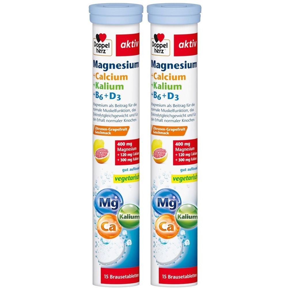 Zwei zylindrische Röhrchen mit Tabletten. Aufschrift: Doppelherz aktiv Magnesium + Calcium + Kalium + B6 + D3. 15 Brausetabletten.