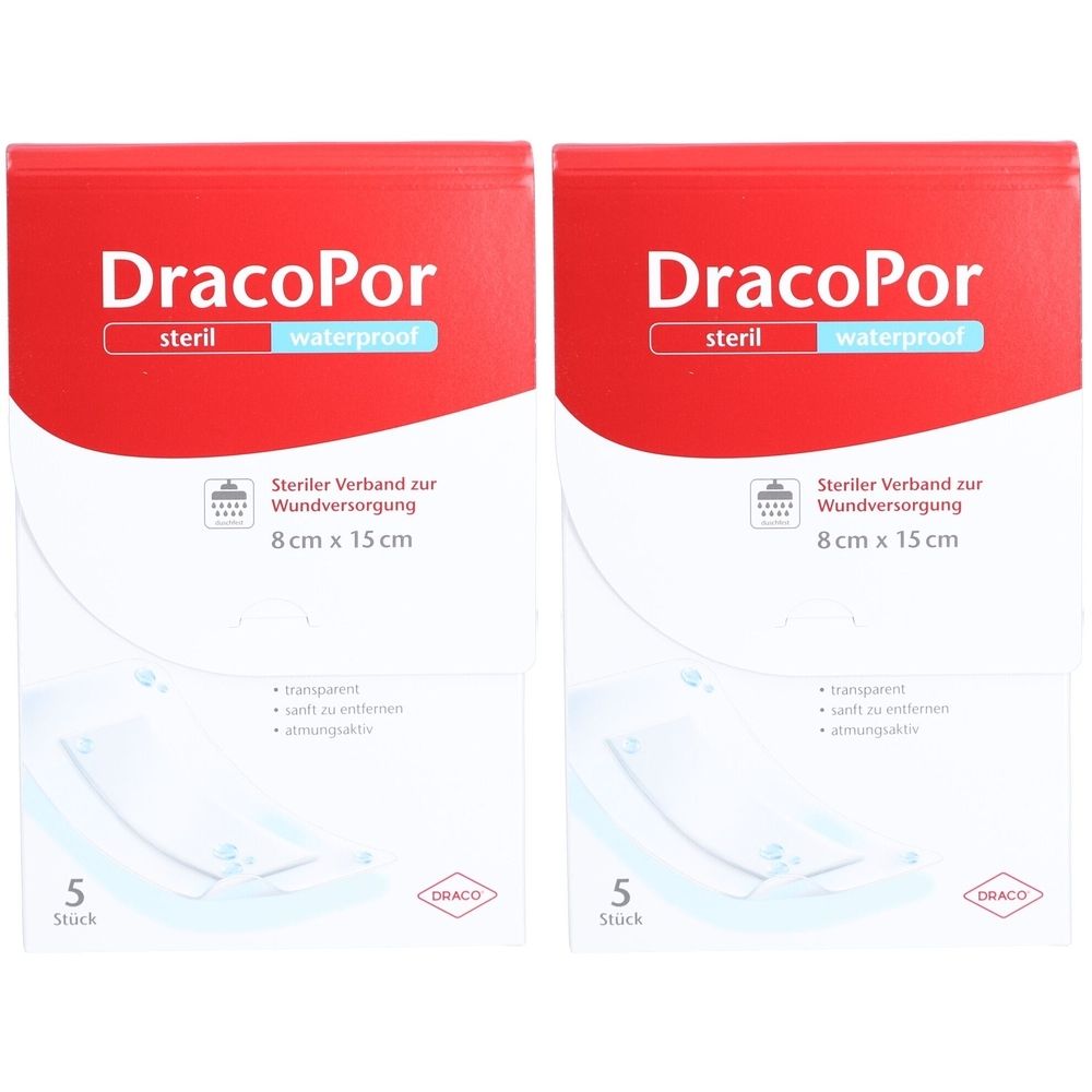 Zwei Packungen DracoPor, steril, wasserdicht. Verband 8 x 15 cm. Enthält 5 Stück. DRACO Logo.