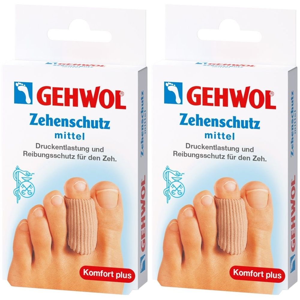 Zwei Packungen GEHWOL Zehenschutz. Auf jeder Packung ist ein Fuß mit einem Zehenschutz abgebildet. Text: Zehenschutz, mittel, Komfort plus.