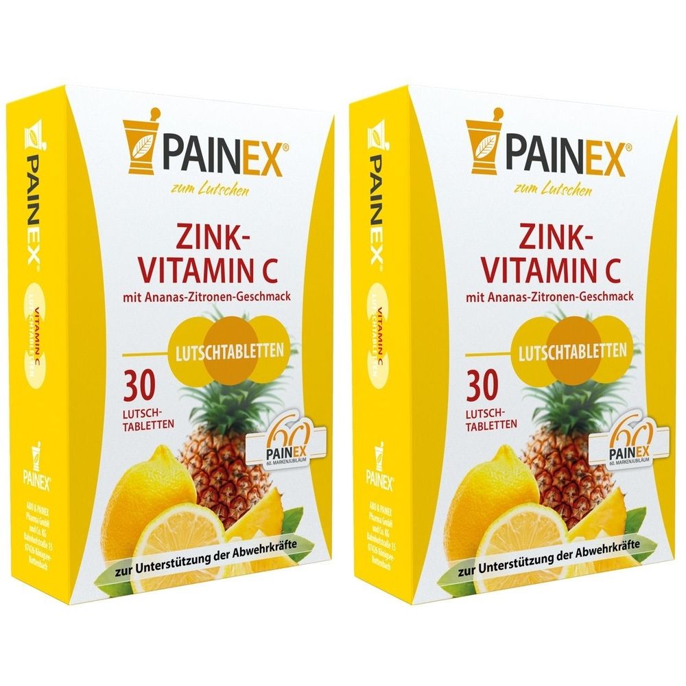 Zwei gelbe Schachteln mit PAINEX Zink-Vitamin C Lutschtabletten. Aufdruck: Zink-Vitamin C, 30 Lutschtabletten, Ananas-Zitronen-Geschmack.