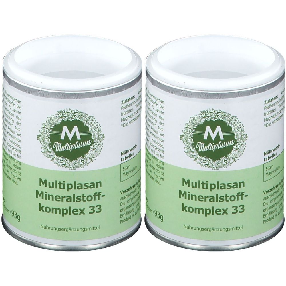 Zwei Dosen Multiplasan Mineralstoffkomplex 33. Zylindrische Dosen mit weißem Deckel und grünem Etikett. Logo: grünes M mit Schriftzug Multiplasan.