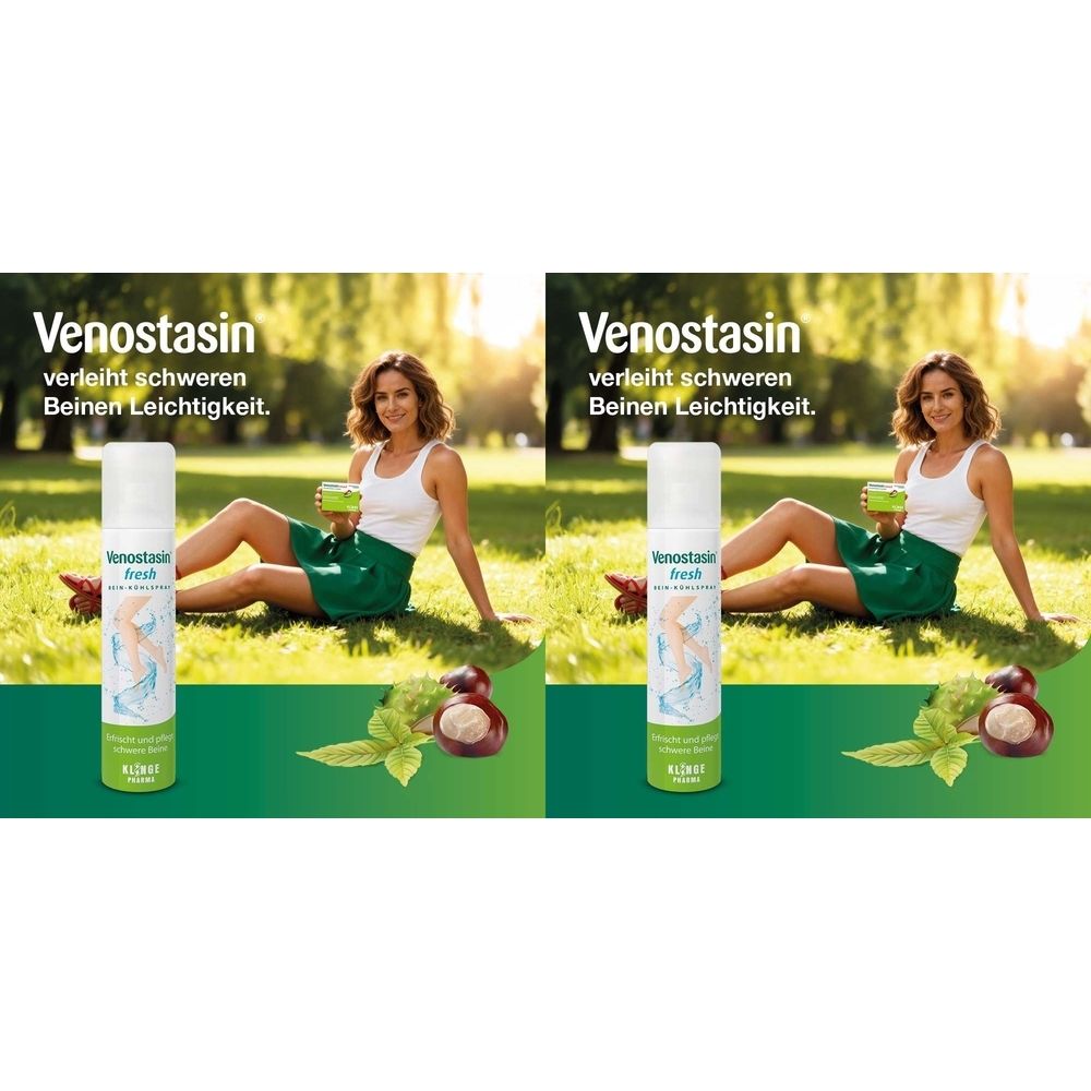 Zwei Venostasin fresh Sprays. Frau sitzt im Gras. Text: Venostasin verleiht schweren Beinen Leichtigkeit. Kastanien und Blätter.