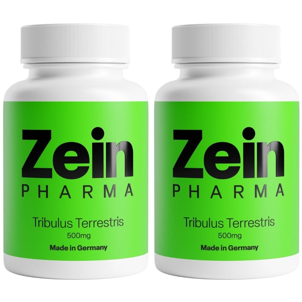 Zwei weiße Flaschen mit grünem Etikett. Aufschrift: Zein Pharma, Tribulus Terrestris 500mg, Made in Germany.