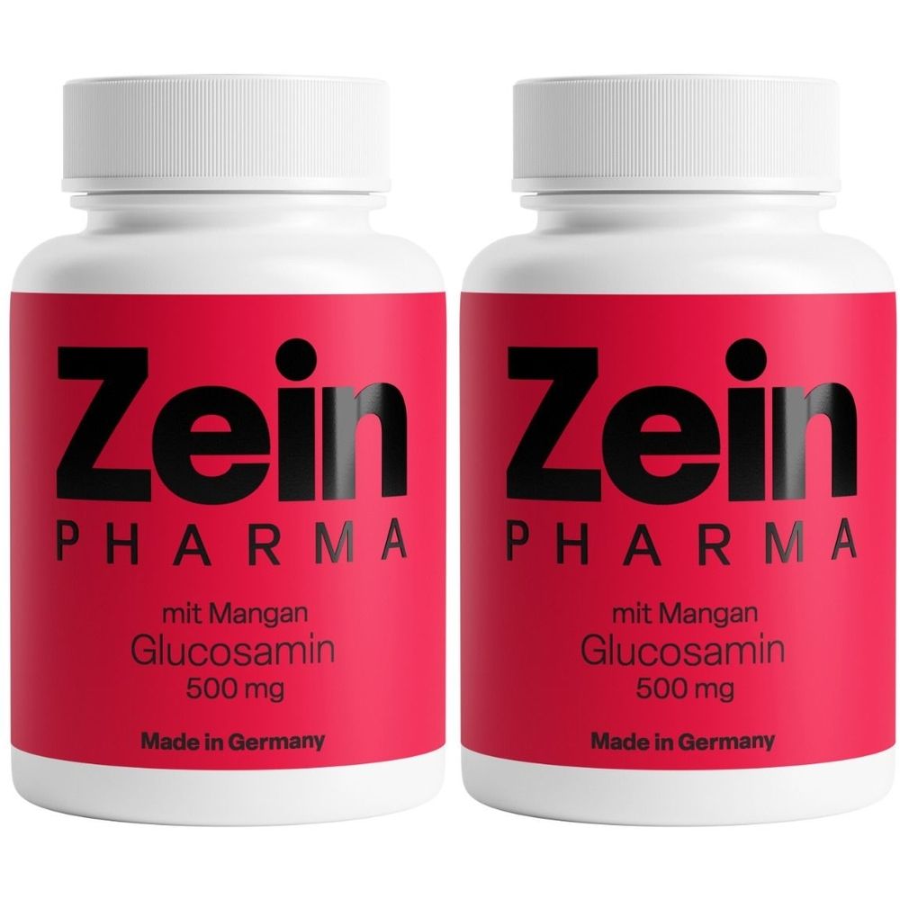 Zwei weiße Flaschen mit rotem Etikett. Aufschrift: Zein Pharma, Glucosamin 500 mg. Hergestellt in Deutschland.