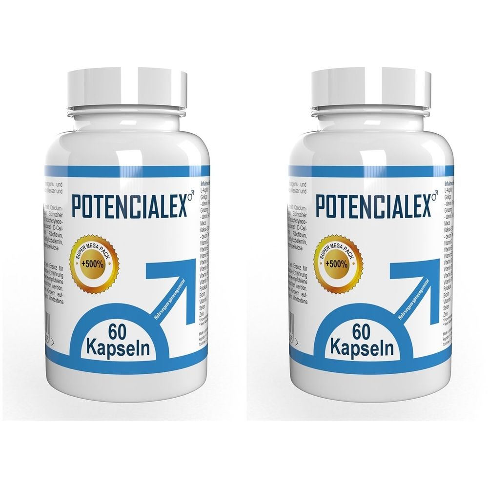 Zwei weiße Flaschen mit blauen Etiketten. Aufschrift: POTENCIALEX, 60 Kapseln. Logo mit Pfeil und Text. Goldfarbenes Siegel.