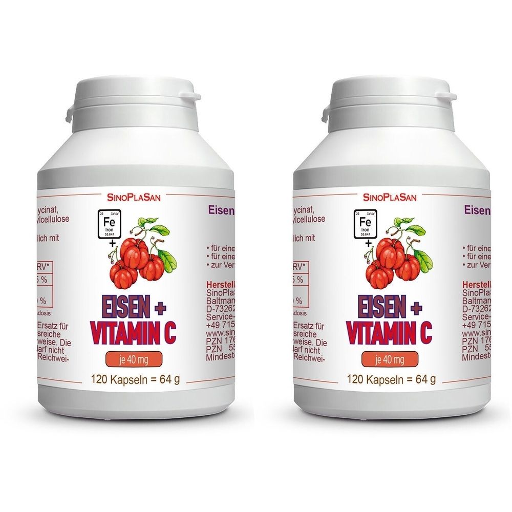 Zwei weiße Flaschen mit dem Aufdruck "Eisen + Vitamin C". Auf jeder Flasche sind 120 Kapseln mit 40 mg Eisen enthalten.