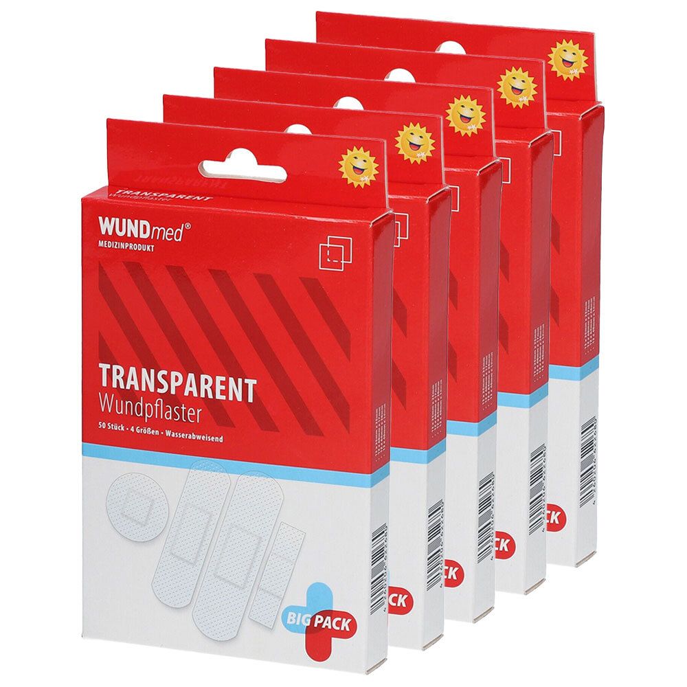 Mehrere Packungen WUNDmed Pflaster Transparent. Rote Verpackung mit Produktbezeichnung und Abbildungen der Pflaster. BIG PACK.