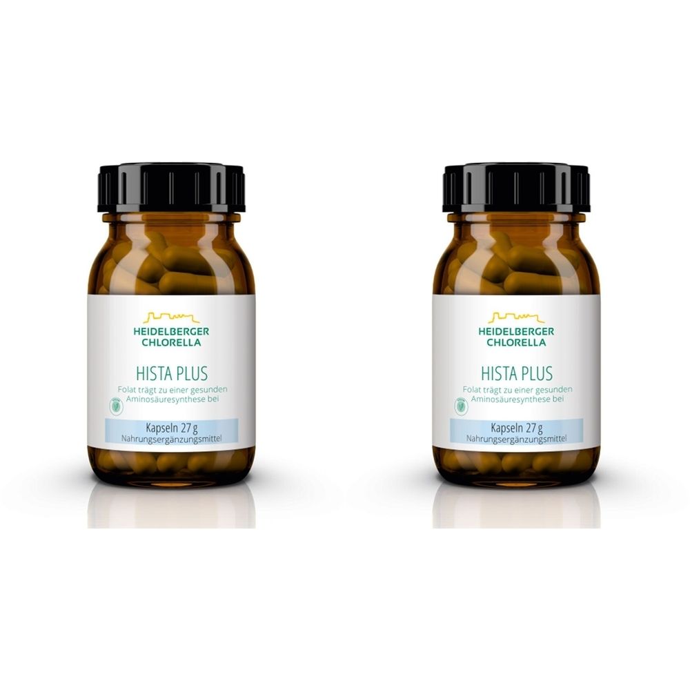 Zwei braune Glasflaschen mit schwarzen Deckeln. Auf den Etiketten steht "HEIDELBERGER CHLORELLA HISTA PLUS". Kapseln 27g.