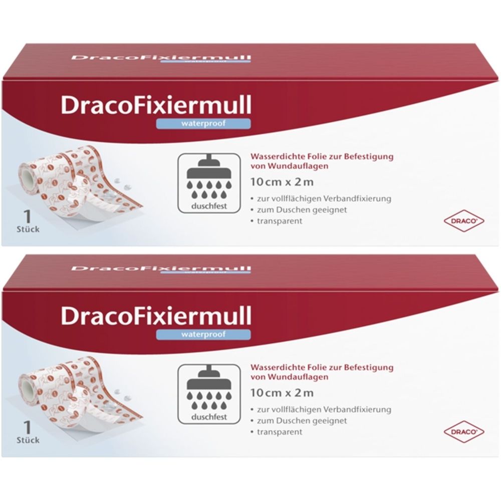 Verpackung von DracoFixiermull, wasserdichte Folie. Enthält 1 Rolle, 10 cm x 2 m. Mit Produktnamen, Eigenschaften und Logo.