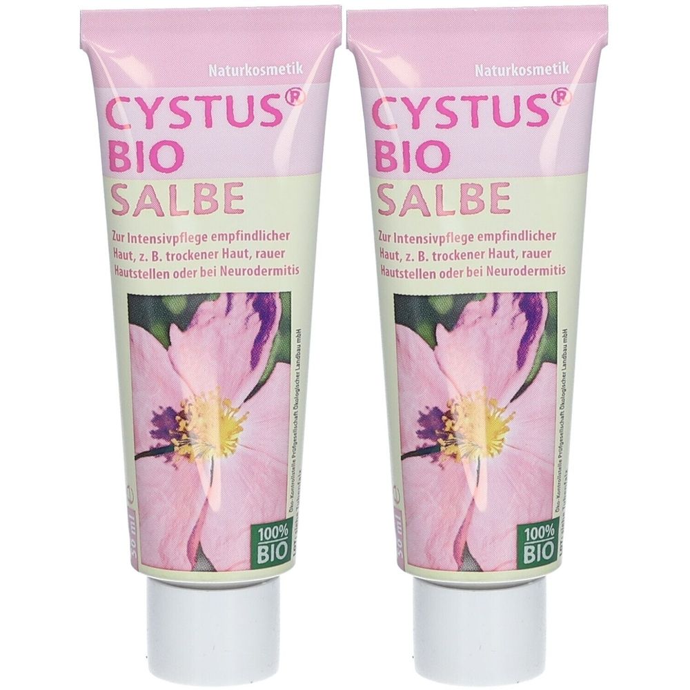 Zwei Tuben Cystus® Bio Salbe. Rosa-weiße Verpackung mit Produktnamen und floralem Motiv. 100% Bio-Siegel.