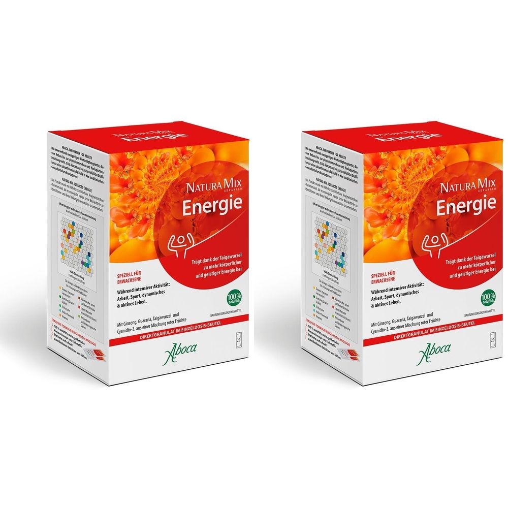 Zwei rechteckige Kartons mit roter Oberseite. Aufdruck: Natura Mix Energie. Abbildung einer Blüte. Text in Deutsch.