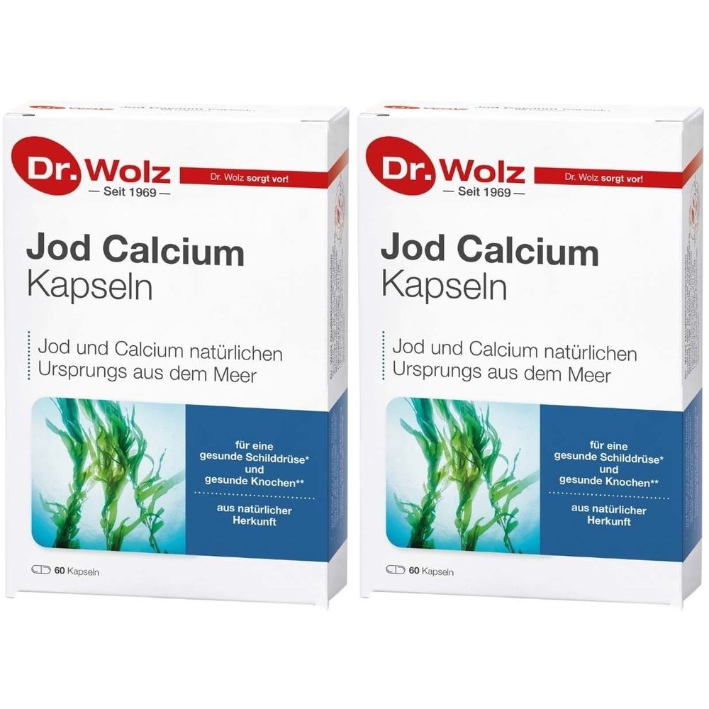 Zwei Schachteln Dr. Wolz Jod Calcium Kapseln. Aufschrift: Jod Calcium Kapseln, Jod und Calcium natürlichen Ursprungs aus dem Meer.