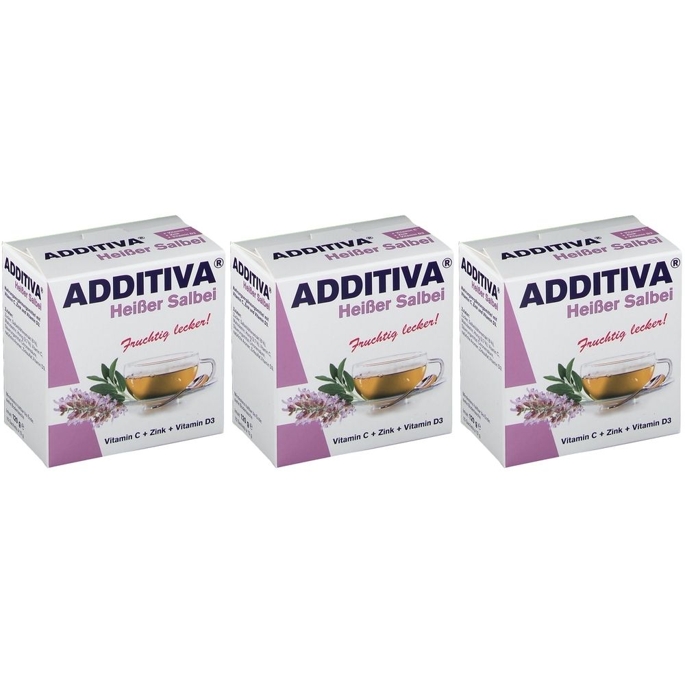 Drei Kartons ADDITIVA Heißer Salbei. Weiß-lila Verpackung mit Produktabbildung und Schriftzug. Enthält Vitamin C, Zink, Vitamin D3.