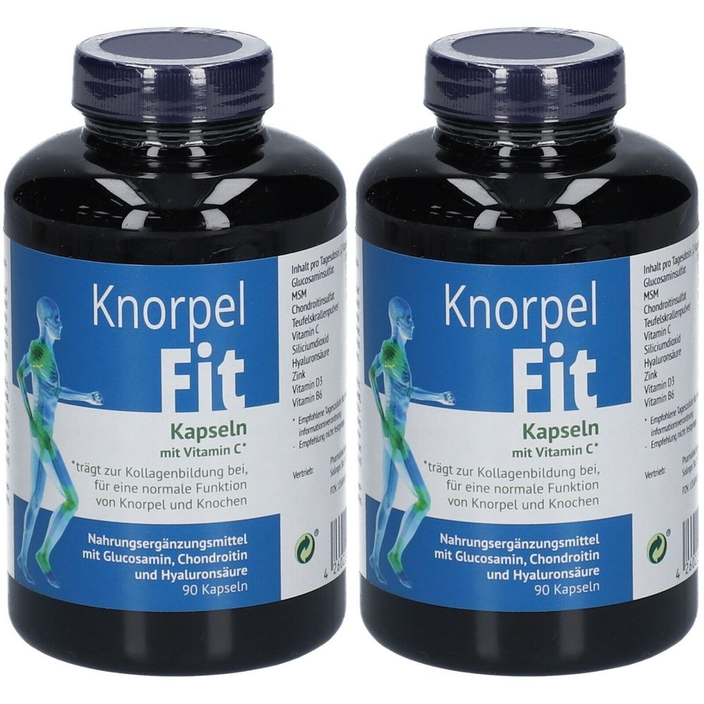 Zwei schwarze Flaschen mit blauen Etiketten. Aufschrift: Knorpel Fit Kapseln mit Vitamin C. Enthält 90 Kapseln. Nahrungsergänzungsmittel.