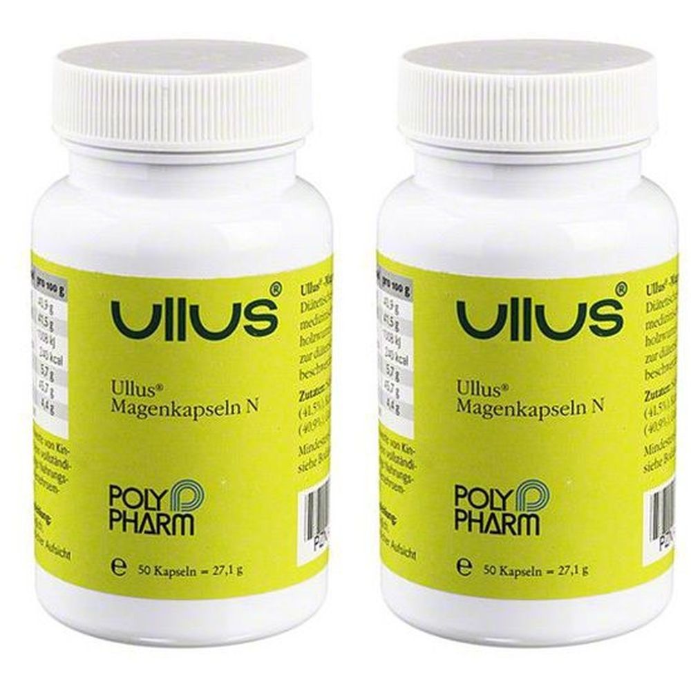 Zwei weiße Flaschen mit Schraubverschluss. Auf gelbem Etikett: Ullus Magenkapseln N, Poly Pharm. 50 Kapseln.