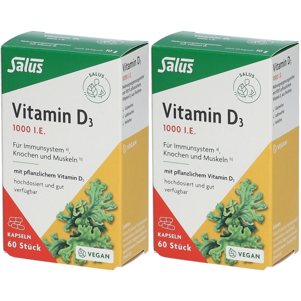 Zwei Kartons Salus Vitamin D3. Aufschrift: Vitamin D3 1000 I.E. Für Immunsystem, Knochen und Muskeln. 60 Kapseln. Vegan.