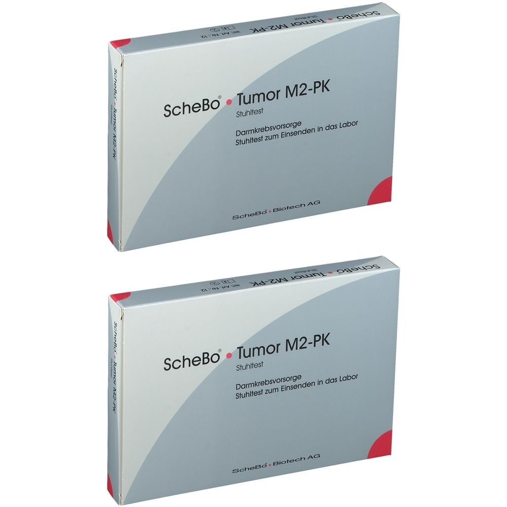 Zwei Packungen ScheBo Tumor M2-PK Stuhltest. Graue Schachteln mit roter Ecke. Aufschrift: Darmkrebsvorsorge, Stuhltest zum Einsenden.