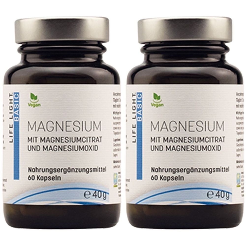 Zwei Flaschen mit Magnesium-Nahrungsergänzungsmittel. Aufschrift: Magnesium, 60 Kapseln, e 40g. Vegan-Siegel. Marke: LIFE LIGHT BASIC.