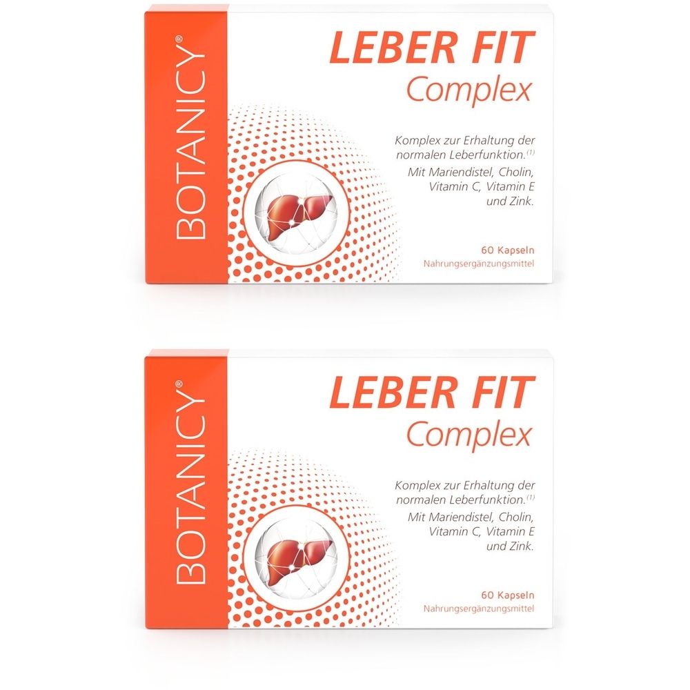 Zwei Schachteln BOTANICY Leber Fit Complex. Weiße Verpackung mit roter Schrift. Enthält 60 Kapseln. Abbildung einer Leber.