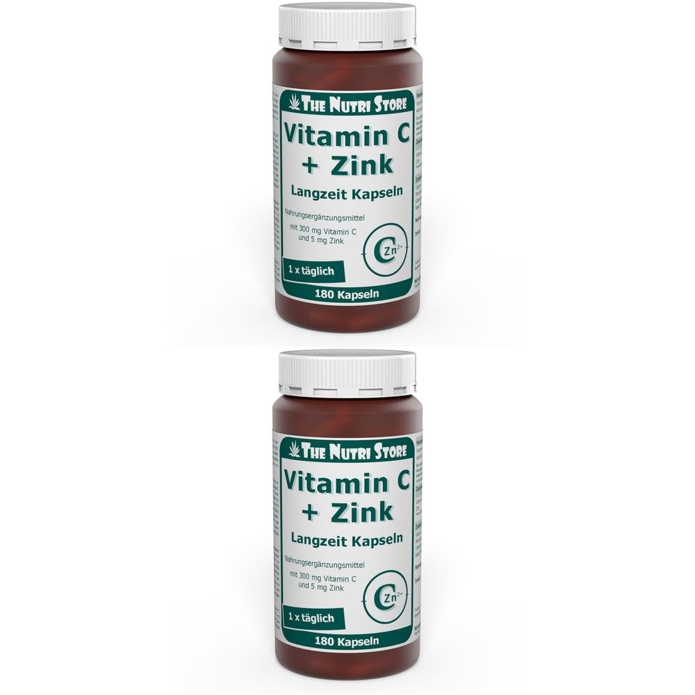 Zwei braune Flaschen mit weißen Deckeln. Aufschrift: Vitamin C + Zink Langzeit Kapseln. 180 Kapseln. Marke: The Nutri Stori.