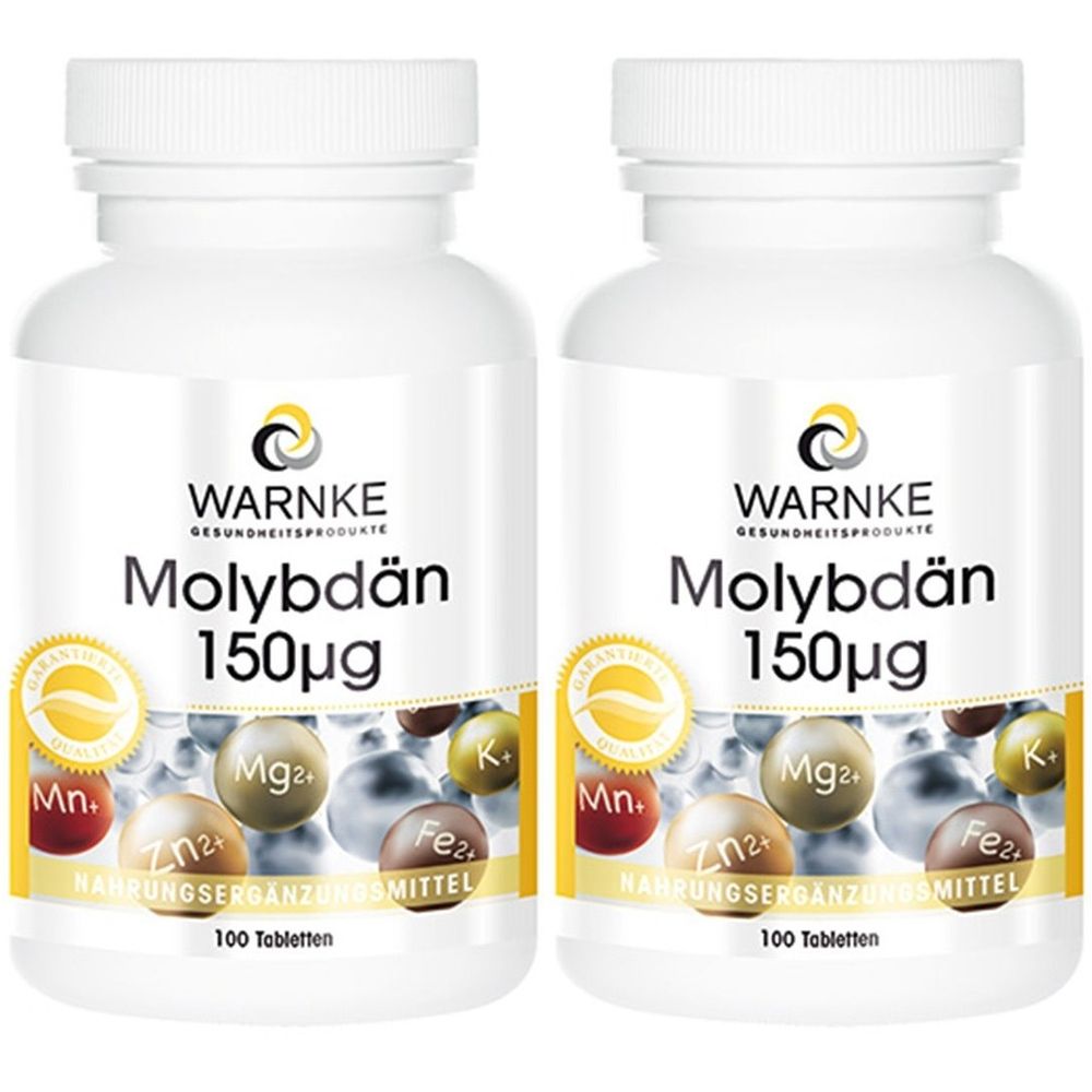 Zwei weiße Flaschen mit WARNKE Molybdän 150µg. Aufschrift: Nahrungsergänzungsmittel, 100 Tabletten. Gelbe Siegel mit Mineralien.