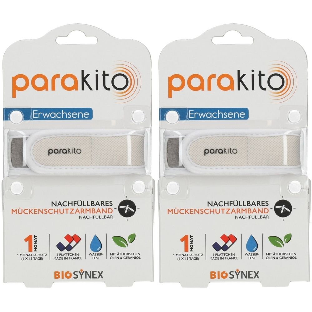 Zwei Packungen PARA KITO Anti-Mücken Armbänder. Jedes enthält ein beiges Armband und eine Nachfüllpackung. Verpackung mit Produktinformationen.