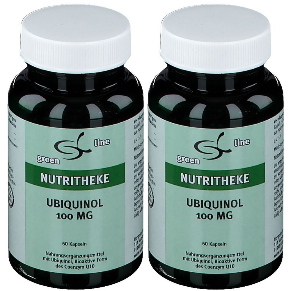 Zwei grüne Flaschen mit weißen Deckeln. Aufschrift: green line NUTRITHEKE UBIQUINOL 100 MG. 60 Kapseln. Nahrungsergänzungsmittel.