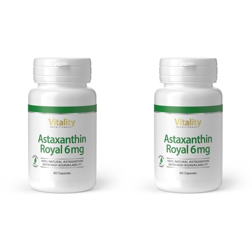 Zwei weiße Flaschen mit grünem Streifen und Aufschrift. Aufschrift: Vitality Astaxanthin Royal 6mg. Enthält 60 Kapseln.