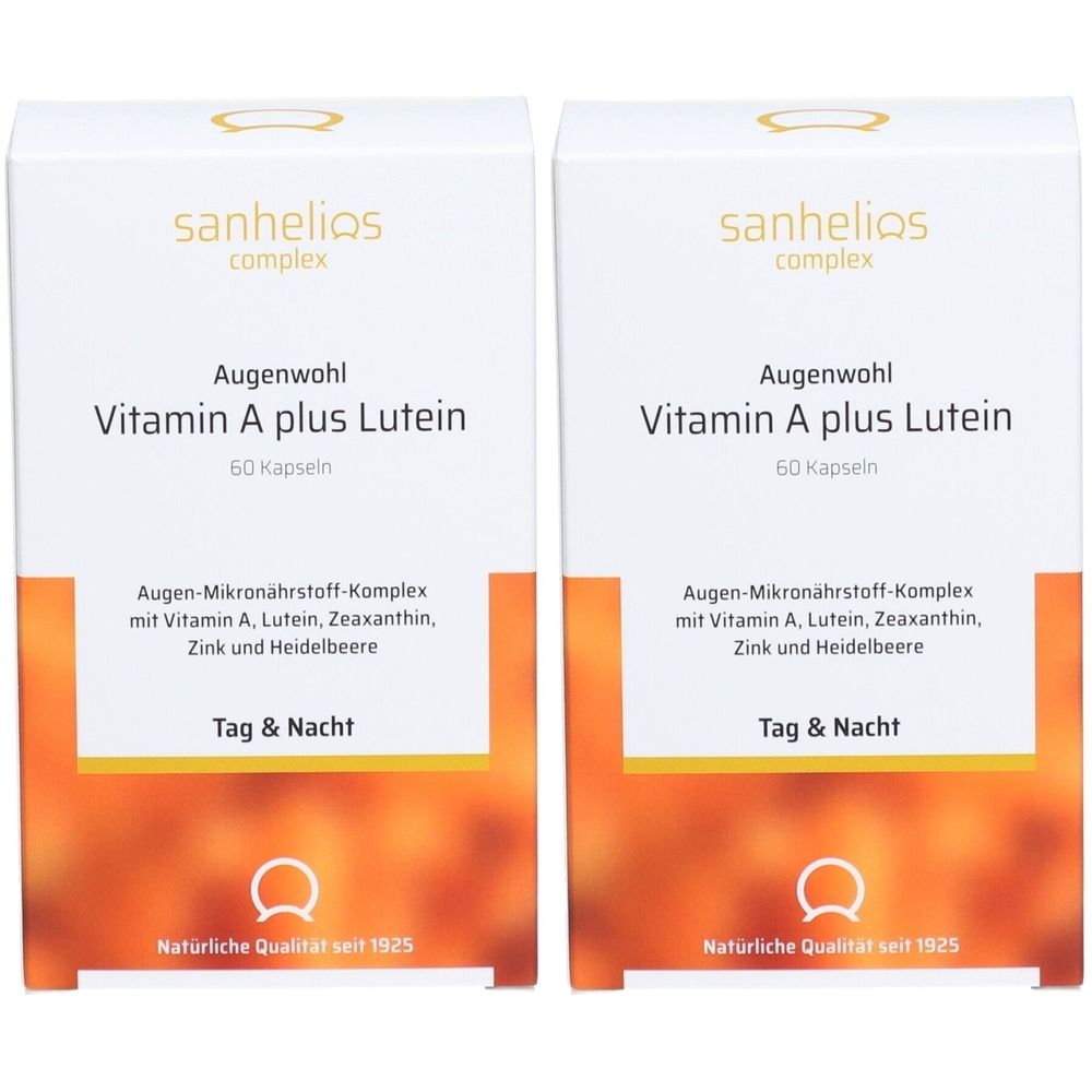 Zwei weiße Schachteln mit Produktinformationen. Aufschrift: Augenwohl Vitamin A plus Lutein. Enthält 60 Kapseln. Marke: Sanhelios.