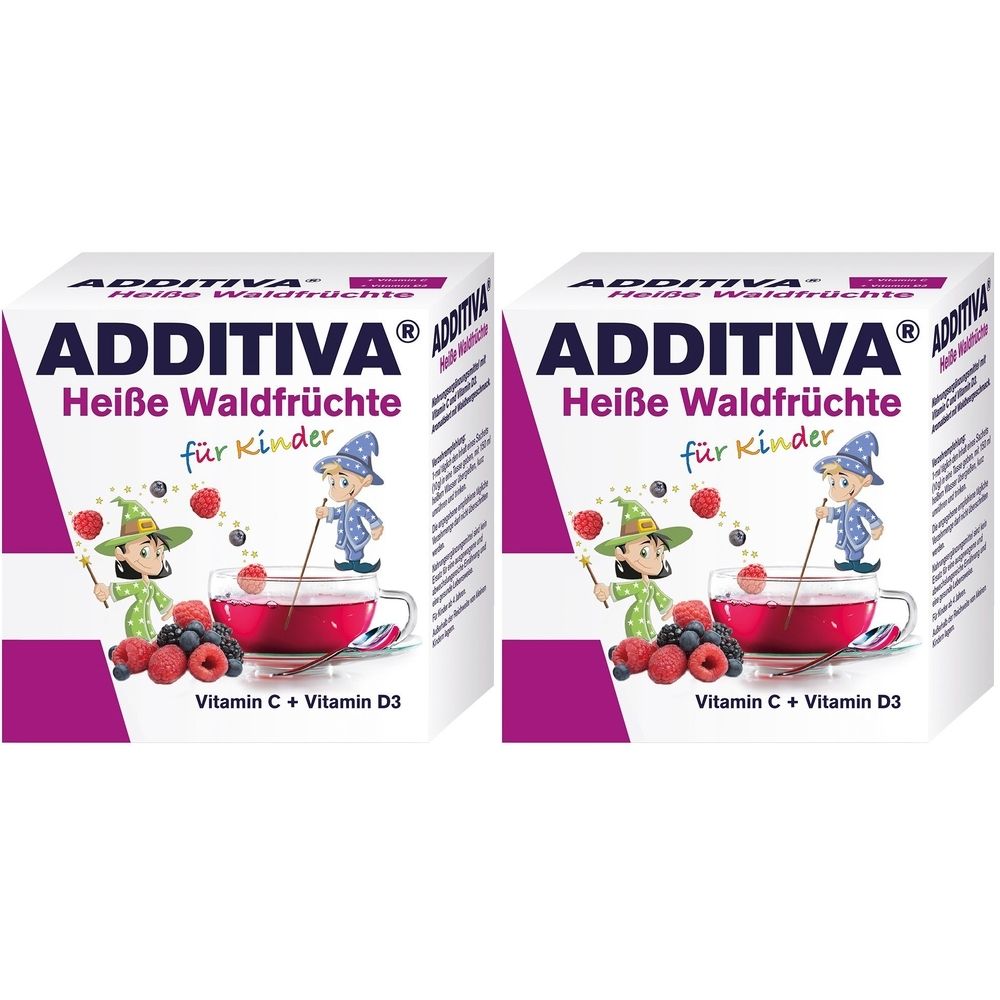 Zwei Kartons ADDITIVA Heiße Waldfrüchte für Kinder. Aufdruck mit Illustrationen und Produktinformationen. Enthält Vitamin C und D3.