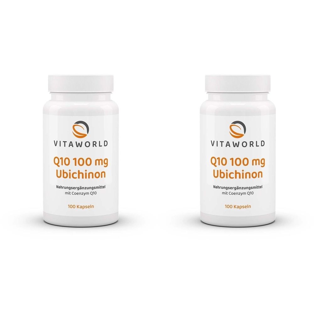 Zwei weiße Flaschen mit Schraubverschluss. Aufschrift: VITAWORLD, Q10 100 mg Ubichinon, Nahrungsergänzungsmittel mit Coenzym Q10, 100 Kapseln.
