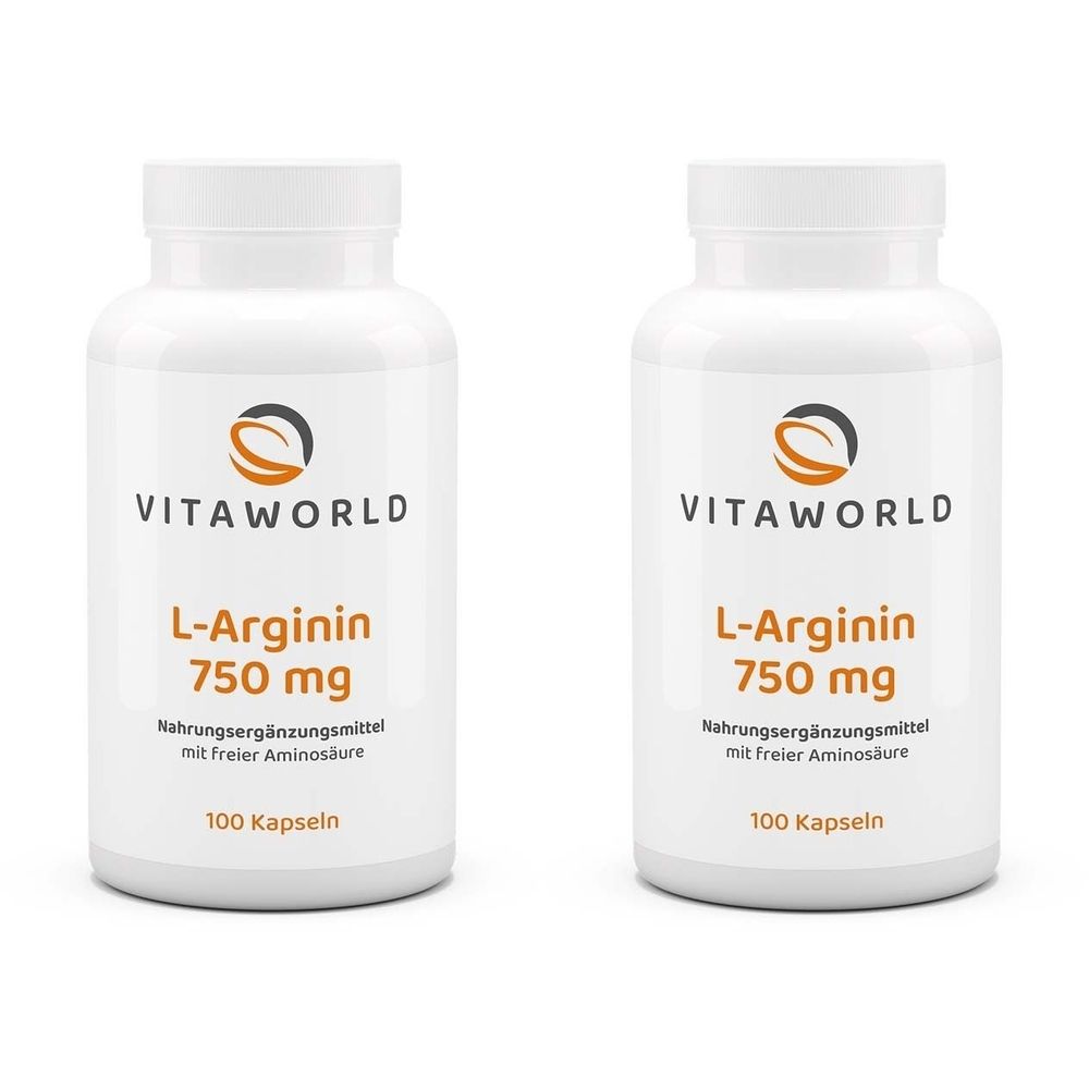 Zwei weiße Flaschen mit Schraubverschluss. Aufschrift: VITAWORLD, L-Arginin 750 mg, Nahrungsergänzungsmittel, 100 Kapseln.