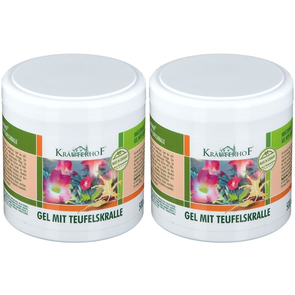 Zwei weiße Tiegel mit Deckel. Aufdruck: Kräuterhof, Gel mit Teufelskralle. Grün-orangefarbene Etiketten mit floralem Motiv und Siegel.