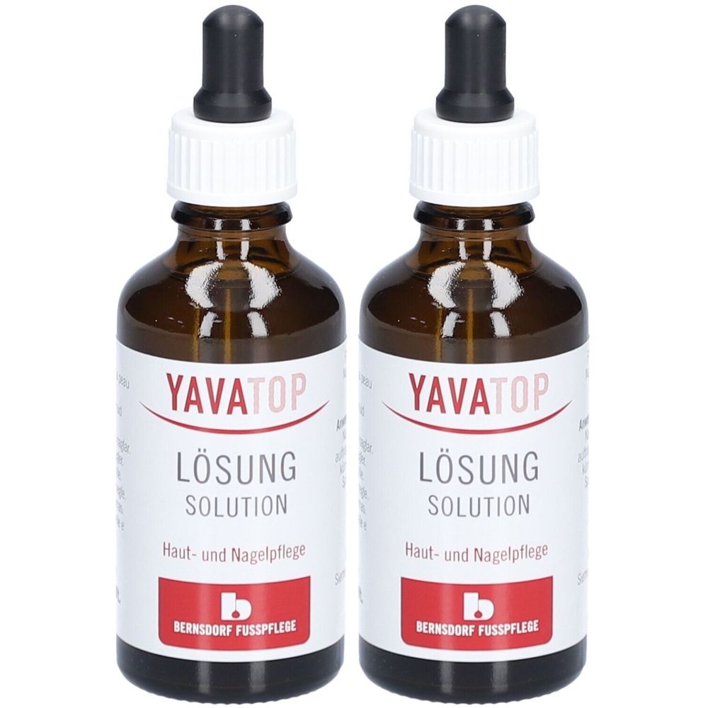 Zwei braune Glasflaschen mit Tropfaufsatz. Auf den Etiketten steht "YAVATOP Lösung" und "Haut- und Nagelpflege".