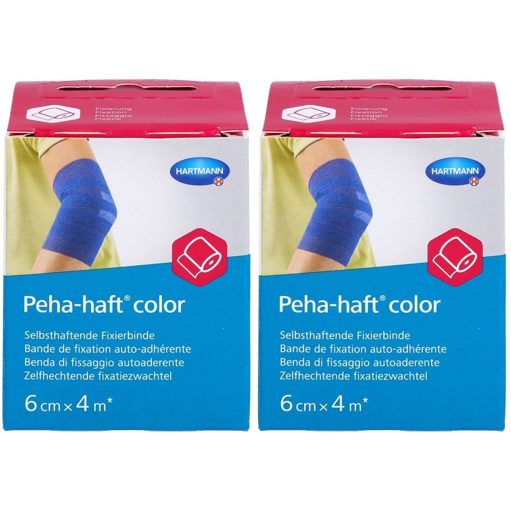 Zwei Packungen Fixierbinde. Blaue Bandage am Arm gezeigt. Marke Hartmann. Aufschrift: Peha-haft color, 6 cm x 4 m.
