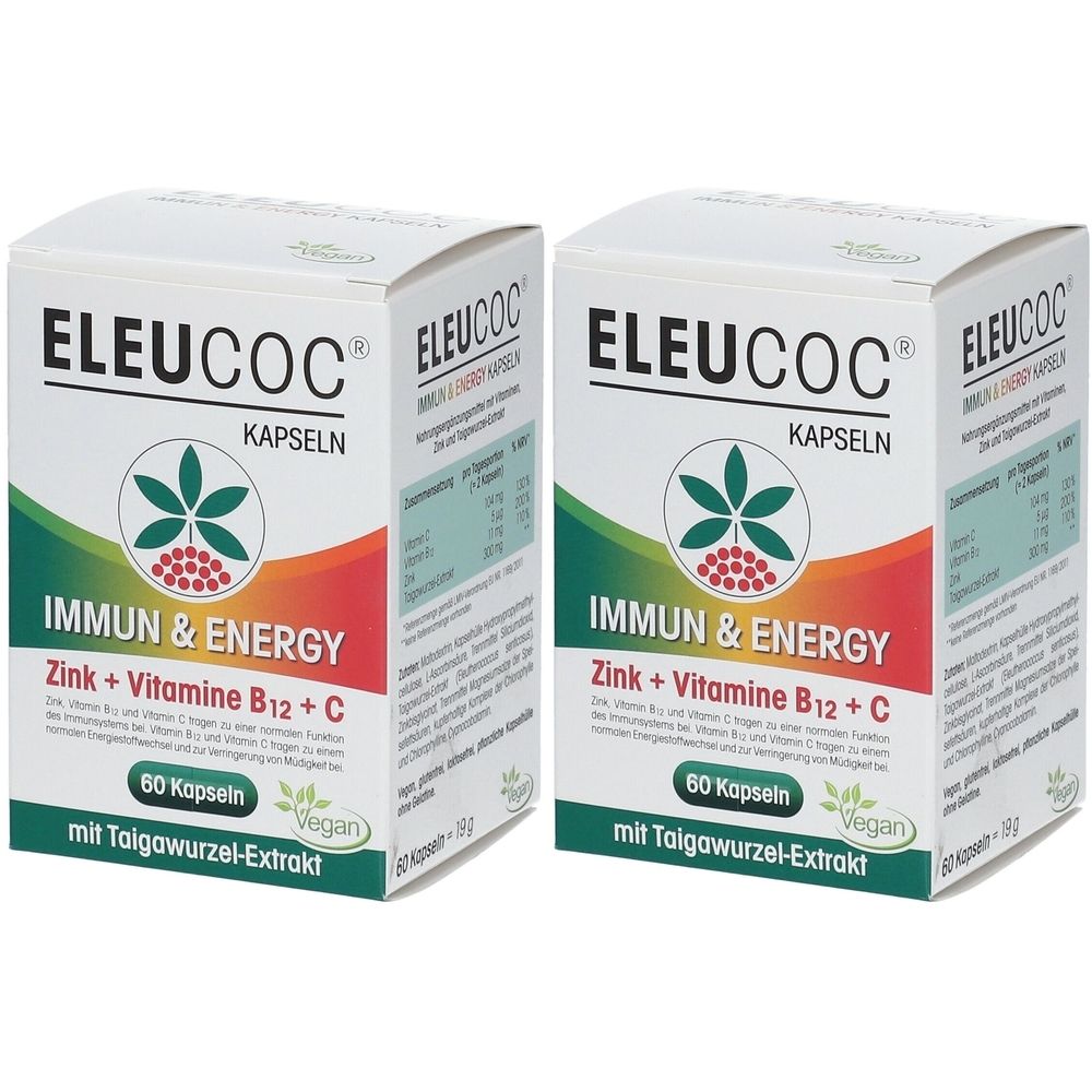 Zwei weiße Kartons mit ELEUCOC® IMMUN & ENERGY Aufdruck. Enthält Zink, Vitamin B12 + C und 60 Kapseln. Vegan.