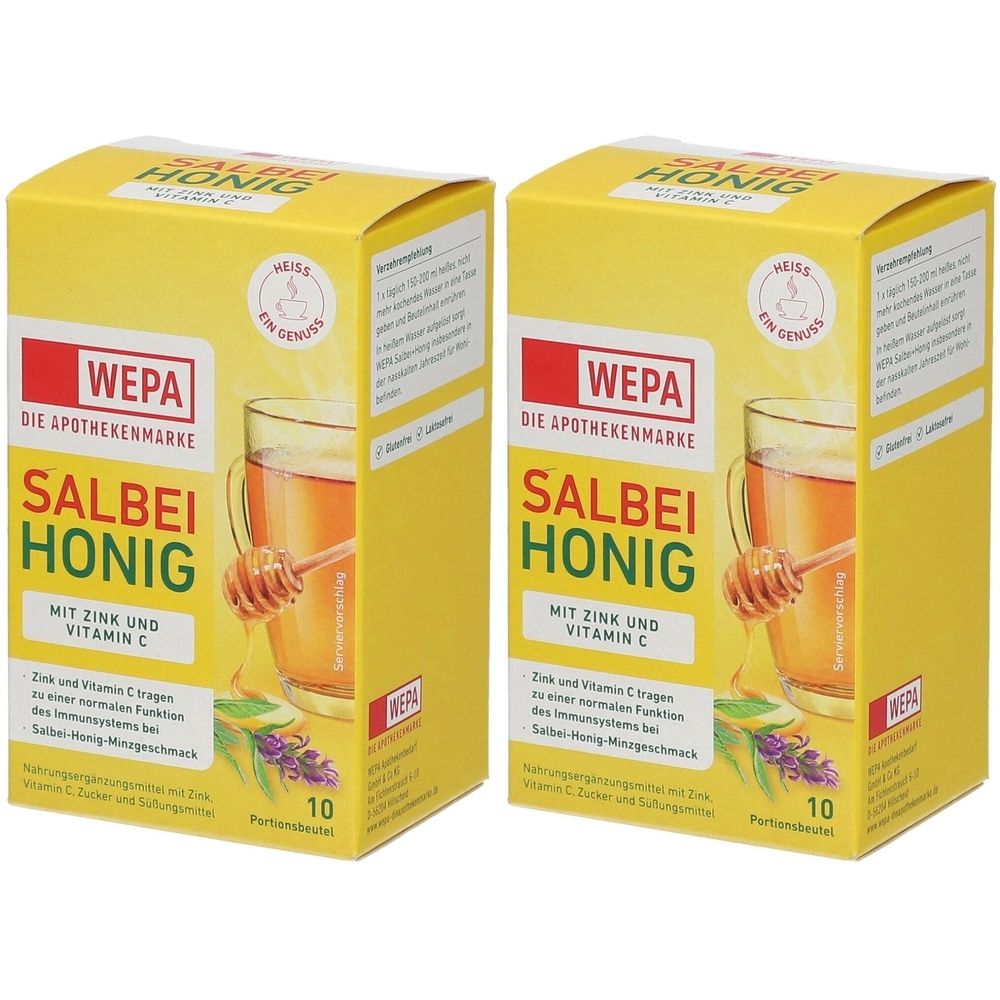 Zwei gelbe Kartons mit Aufschrift SALBEI HONIG, WEPA Logo und Abbildung eines Getränks. 10 Portionsbeutel.
