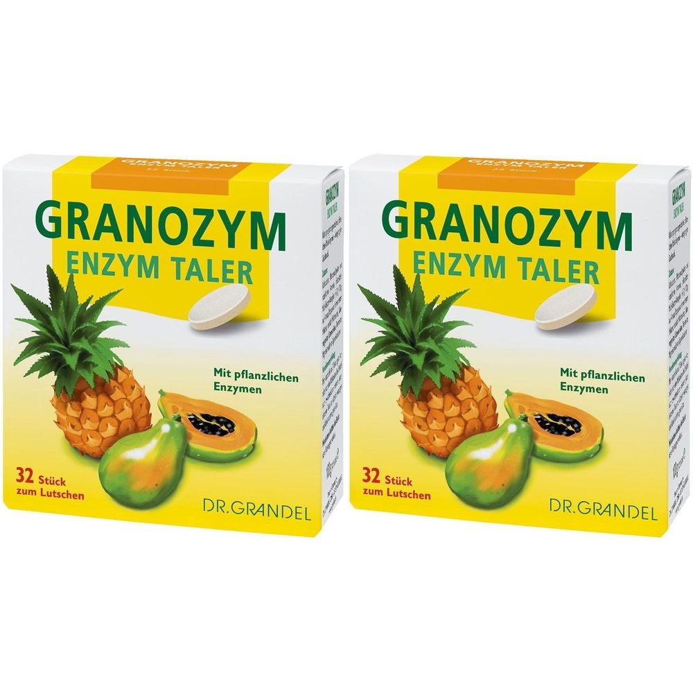 Zwei Schachteln GRANOZYM Enzym Taler. Aufdruck: Ananas, Papaya, 32 Stück, DR. GRANDEL. Gelb-weißes Design.