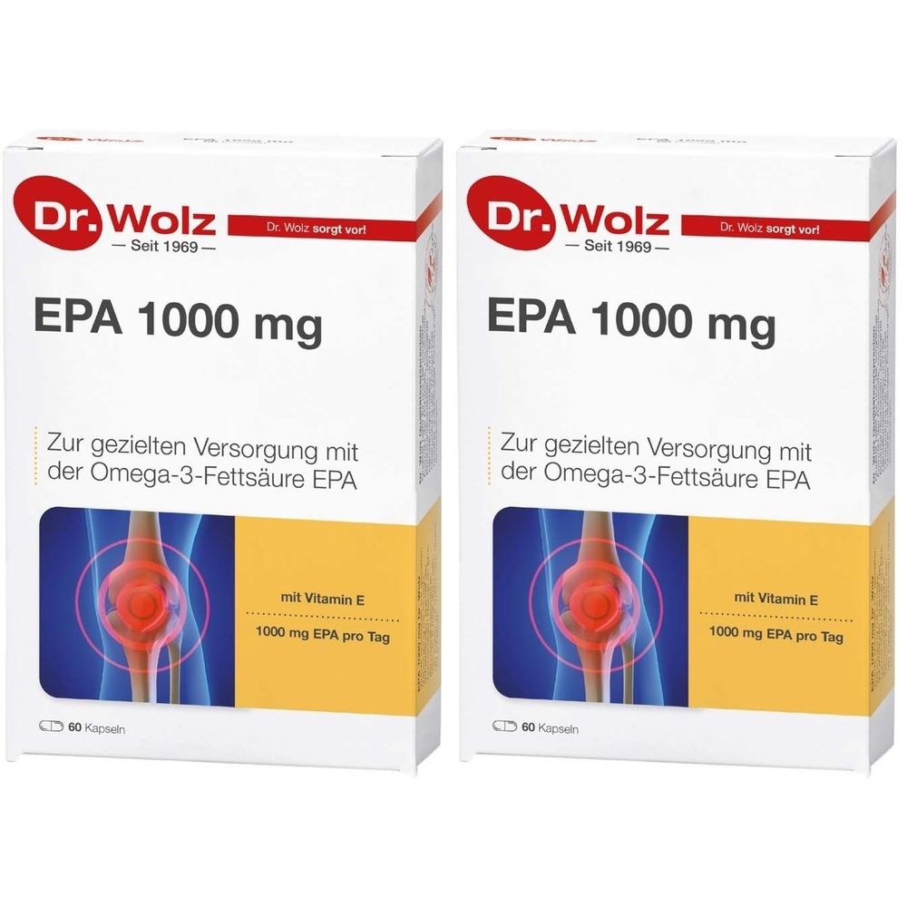 Zwei Schachteln Dr. Wolz EPA 1000 mg. Aufschrift: EPA 1000 mg, mit Vitamin E. Abbildung eines Gelenks.