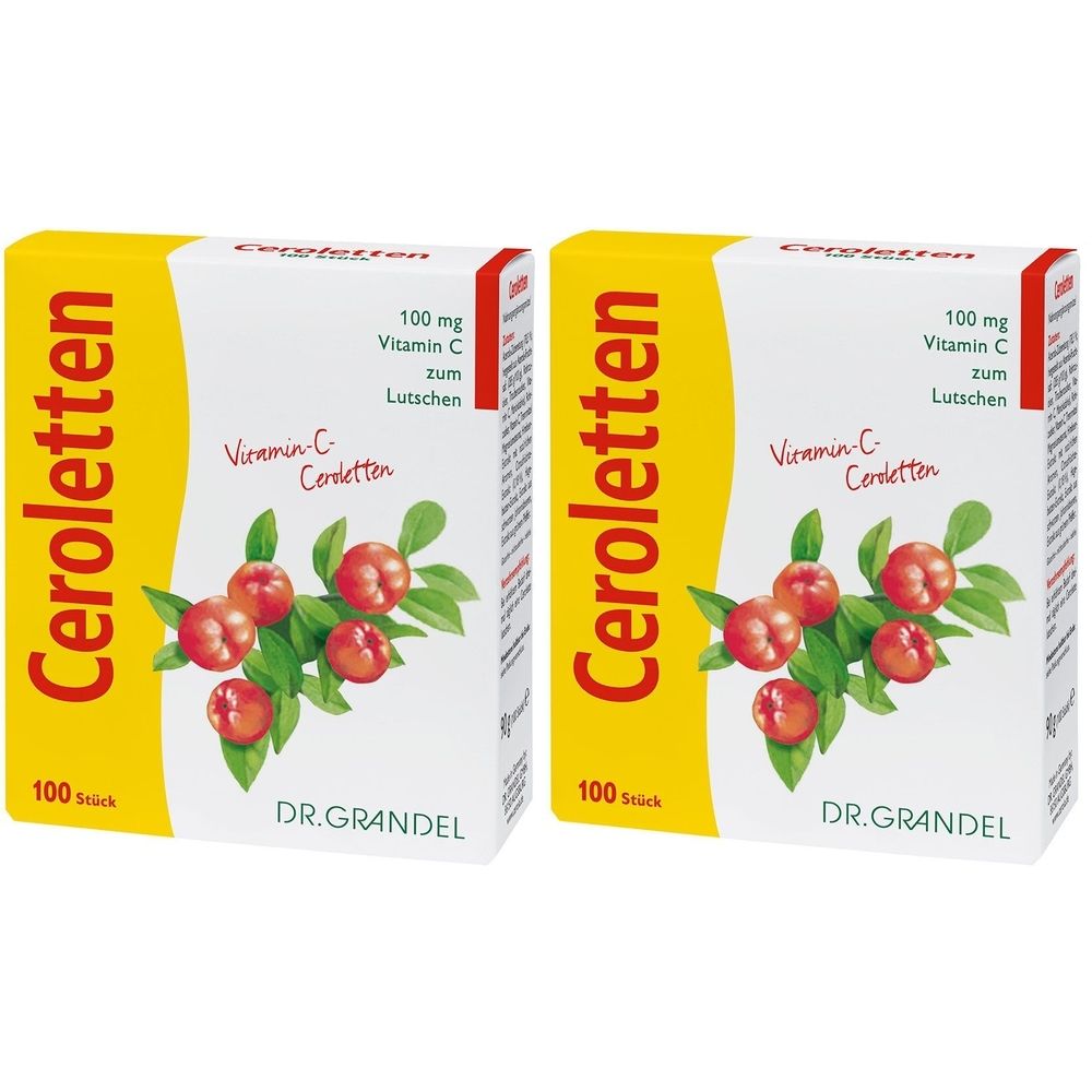 Zwei Schachteln Ceroletten Vitamin C. Aufdruck: 100 mg Vitamin C, zum Lutschen. Abbildung von Früchten und Blättern. Marke: DR. GRANDEL.