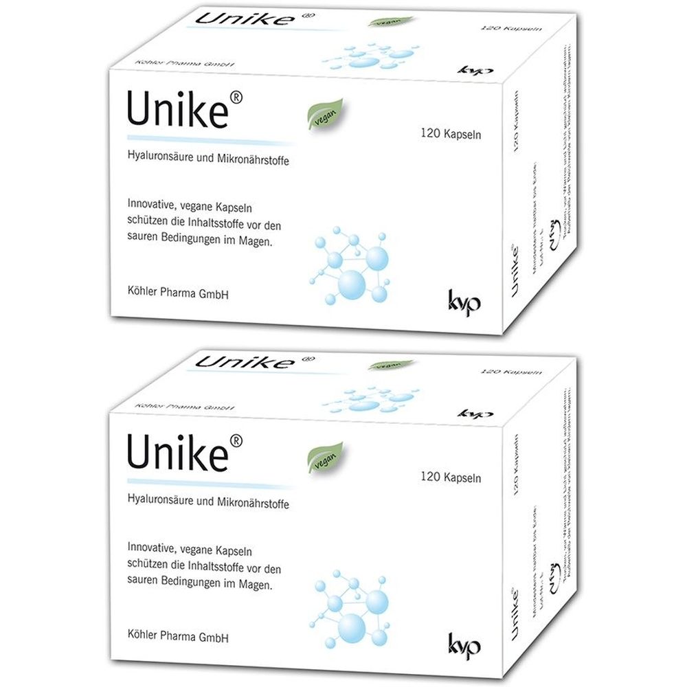 Zwei weiße Kartons mit der Aufschrift Unike®, 120 Kapseln. Enthält Hyaluronsäure und Mikronährstoffe. Vegane Kapseln.